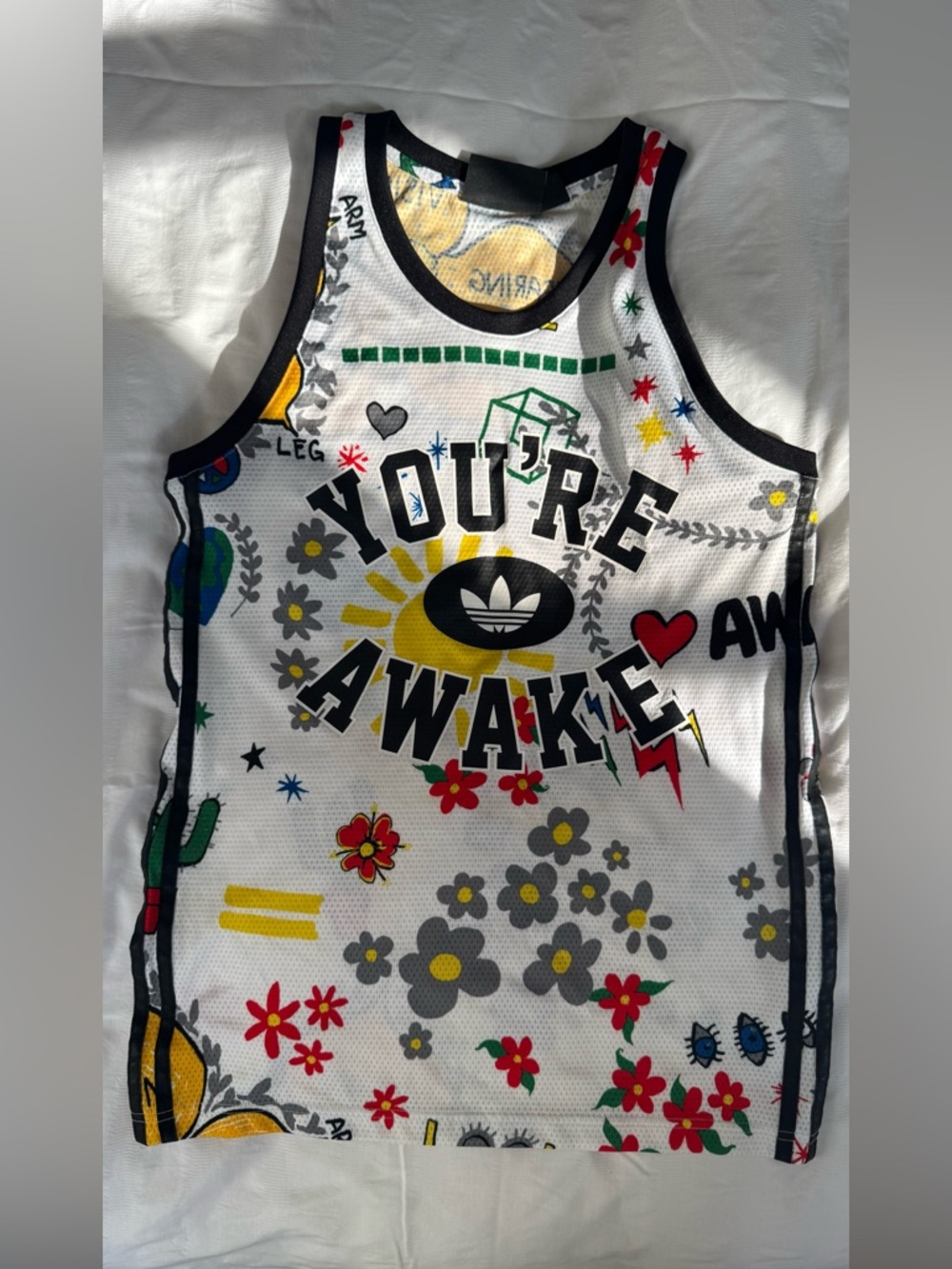 LIMITED EDITION Adidas White Graphic 'YOU'RE AWAKE' Tank with Multicolor Prints
